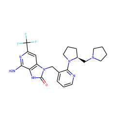 Nc1nc(C(F)(F)F)cc2c1[nH]c(=O)n2Cc1cccnc1N1CCC[C@H]1CN1CCCC1 ZINC000072123051