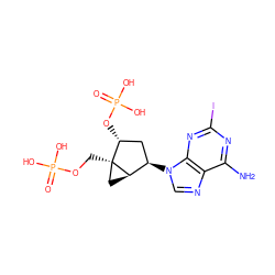 Nc1nc(I)nc2c1ncn2[C@@H]1C[C@@H](OP(=O)(O)O)[C@]2(COP(=O)(O)O)C[C@H]12 ZINC000027557464