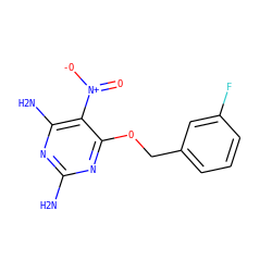 Nc1nc(N)c([N+](=O)[O-])c(OCc2cccc(F)c2)n1 ZINC000013778021