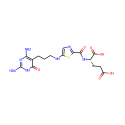 Nc1nc(N)c(CCCNc2cnc(C(=O)N[C@@H](CCC(=O)O)C(=O)O)s2)c(=O)[nH]1 ZINC000013737687