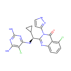 Nc1nc(N)c(Cl)c(N[C@H](c2nc3cccc(Cl)c3c(=O)n2-c2cc[nH]n2)C2CC2)n1 ZINC001772620131