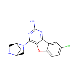 Nc1nc(N2C[C@@H]3C[C@H]2CN3)c2oc3ccc(Cl)cc3c2n1 ZINC000073156203