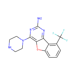 Nc1nc(N2CCNCC2)c2oc3cccc(C(F)(F)F)c3c2n1 ZINC000073195764