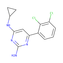 Nc1nc(NC2CC2)cc(-c2cccc(Cl)c2Cl)n1 ZINC000098208168