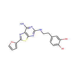 Nc1nc(NCCc2ccc(O)c(O)c2)nc2sc(-c3ccco3)nc12 ZINC001772646825
