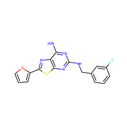 Nc1nc(NCc2cccc(F)c2)nc2sc(-c3ccco3)nc12 ZINC001772624344