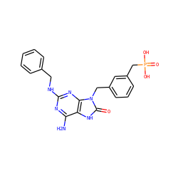 Nc1nc(NCc2ccccc2)nc2c1[nH]c(=O)n2Cc1cccc(CP(=O)(O)O)c1 ZINC000040939867