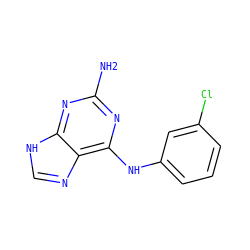 Nc1nc(Nc2cccc(Cl)c2)c2nc[nH]c2n1 ZINC000009048818