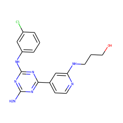 Nc1nc(Nc2cccc(Cl)c2)nc(-c2ccnc(NCCCO)c2)n1 ZINC000003937626