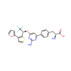 Nc1nc(O[C@@H](c2sccc2-c2ccco2)C(F)(F)F)cc(-c2ccc(C[C@H](N)C(=O)O)cc2)n1 ZINC000040891569