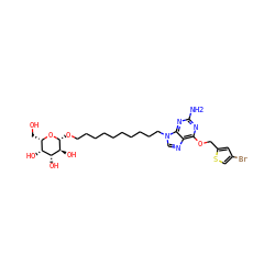 Nc1nc(OCc2cc(Br)cs2)c2ncn(CCCCCCCCCCO[C@H]3O[C@@H](CO)[C@@H](O)[C@@H](O)[C@@H]3O)c2n1 ZINC000027327733