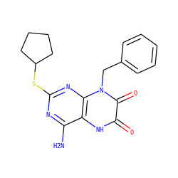 Nc1nc(SC2CCCC2)nc2c1[nH]c(=O)c(=O)n2Cc1ccccc1 ZINC000040866585