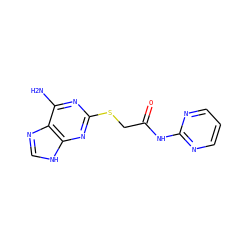 Nc1nc(SCC(=O)Nc2ncccn2)nc2[nH]cnc12 ZINC000004676188