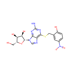 Nc1nc(SCc2cc([N+](=O)[O-])ccc2O)c2ncn([C@@H]3O[C@H](CO)[C@@H](O)[C@H]3O)c2n1 ZINC000029059342