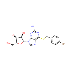 Nc1nc(SCc2ccc(Br)cc2)c2ncn([C@@H]3O[C@H](CO)[C@@H](O)[C@H]3O)c2n1 ZINC000029057293