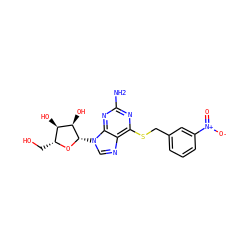 Nc1nc(SCc2cccc([N+](=O)[O-])c2)c2ncn([C@@H]3O[C@H](CO)[C@@H](O)[C@H]3O)c2n1 ZINC000029058690