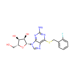 Nc1nc(SCc2ccccc2F)c2ncn([C@@H]3O[C@H](CO)[C@@H](O)[C@H]3O)c2n1 ZINC000029059353