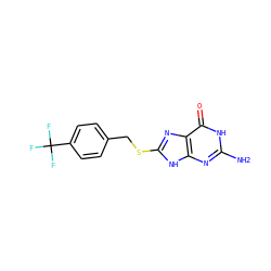 Nc1nc2[nH]c(SCc3ccc(C(F)(F)F)cc3)nc2c(=O)[nH]1 ZINC000653903303