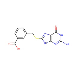 Nc1nc2[nH]c(SCc3cccc(C(=O)O)c3)nc2c(=O)[nH]1 ZINC000653915621
