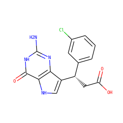 Nc1nc2c([C@@H](CC(=O)O)c3cccc(Cl)c3)c[nH]c2c(=O)[nH]1 ZINC000096347864