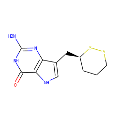 Nc1nc2c(C[C@@H]3CCCSS3)c[nH]c2c(=O)[nH]1 ZINC000013831880