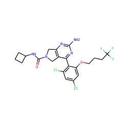 Nc1nc2c(c(-c3c(Cl)cc(Cl)cc3OCCCC(F)(F)F)n1)CN(C(=O)NC1CCC1)C2 ZINC000043197651