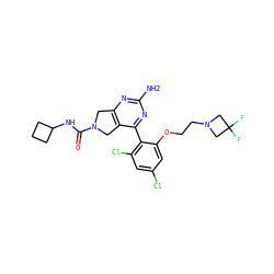 Nc1nc2c(c(-c3c(Cl)cc(Cl)cc3OCCN3CC(F)(F)C3)n1)CN(C(=O)NC1CCC1)C2 ZINC000071316515