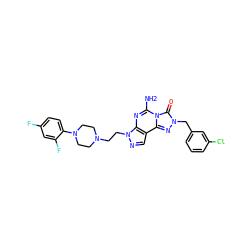 Nc1nc2c(cnn2CCN2CCN(c3ccc(F)cc3F)CC2)c2nn(Cc3cccc(Cl)c3)c(=O)n12 ZINC000071317820