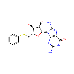 Nc1nc2c(nc(N)n2[C@@H]2O[C@H](CSc3ccccc3)[C@@H](O)[C@H]2O)c(=O)[nH]1 ZINC000013826480