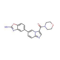 Nc1nc2cc(-c3ccc4ncc(C(=O)N5CCOCC5)n4c3)ccc2o1 ZINC000146965425