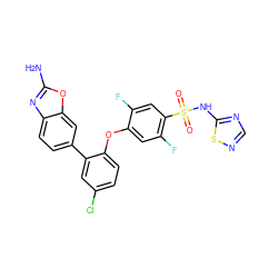 Nc1nc2ccc(-c3cc(Cl)ccc3Oc3cc(F)c(S(=O)(=O)Nc4ncns4)cc3F)cc2o1 ZINC000205514368