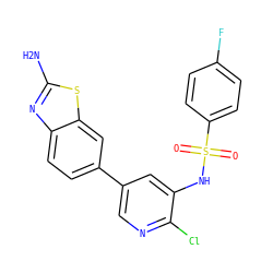 Nc1nc2ccc(-c3cnc(Cl)c(NS(=O)(=O)c4ccc(F)cc4)c3)cc2s1 ZINC000072180713