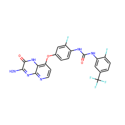 Nc1nc2nccc(Oc3ccc(NC(=O)Nc4cc(C(F)(F)F)ccc4F)c(F)c3)c2[nH]c1=O ZINC000058540785