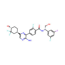 Nc1ncc([C@@H]2CC[C@@H](O)C(F)(F)C2)nc1-c1ccc(C(=O)N[C@H](CO)c2cc(F)cc(I)c2)c(F)c1 ZINC001772610855