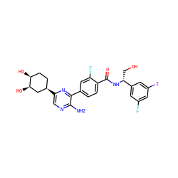 Nc1ncc([C@@H]2CC[C@H](O)[C@H](O)C2)nc1-c1ccc(C(=O)N[C@H](CO)c2cc(F)cc(I)c2)c(F)c1 ZINC001772651720