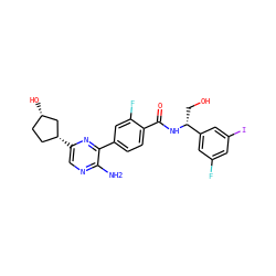 Nc1ncc([C@@H]2CC[C@H](O)C2)nc1-c1ccc(C(=O)N[C@H](CO)c2cc(F)cc(I)c2)c(F)c1 ZINC001772647440