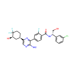 Nc1ncc([C@@H]2CCC(F)(F)[C@H](O)C2)nc1-c1ccc(C(=O)N[C@H](CO)c2cccc(Cl)c2)c(F)c1 ZINC001772590215