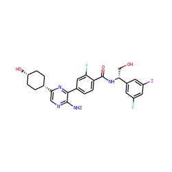 Nc1ncc([C@H]2CC[C@@H](O)CC2)nc1-c1ccc(C(=O)N[C@H](CO)c2cc(F)cc(I)c2)c(F)c1 ZINC001772601101