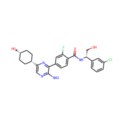 Nc1ncc([C@H]2CC[C@@H](O)CC2)nc1-c1ccc(C(=O)N[C@H](CO)c2cccc(Cl)c2)c(F)c1 ZINC001772597655