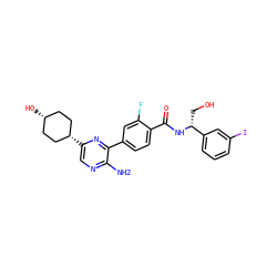 Nc1ncc([C@H]2CC[C@@H](O)CC2)nc1-c1ccc(C(=O)N[C@H](CO)c2cccc(I)c2)c(F)c1 ZINC001772640920