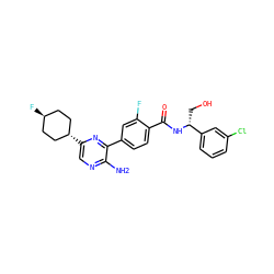 Nc1ncc([C@H]2CC[C@H](F)CC2)nc1-c1ccc(C(=O)N[C@H](CO)c2cccc(Cl)c2)c(F)c1 ZINC001772655997