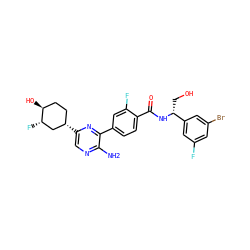 Nc1ncc([C@H]2CC[C@H](O)[C@@H](F)C2)nc1-c1ccc(C(=O)N[C@H](CO)c2cc(F)cc(Br)c2)c(F)c1 ZINC001772649586