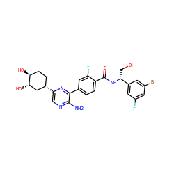 Nc1ncc([C@H]2CC[C@H](O)[C@@H](O)C2)nc1-c1ccc(C(=O)N[C@H](CO)c2cc(F)cc(Br)c2)c(F)c1 ZINC001772604733
