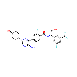 Nc1ncc([C@H]2CC[C@H](O)CC2)nc1-c1ccc(C(=O)N[C@H](CO)c2cc(F)cc(C(F)F)c2)c(F)c1 ZINC001772579574