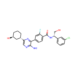 Nc1ncc([C@H]2CCC[C@H](O)C2)nc1-c1ccc(C(=O)N[C@H](CO)c2cccc(Cl)c2)c(F)c1 ZINC001772647461