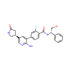 Nc1ncc([C@H]2CNC(=O)C2)cc1-c1ccc(C(=O)N[C@H](CO)c2ccccc2)c(F)c1 ZINC001772645189