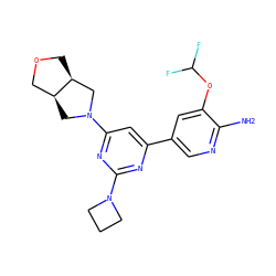 Nc1ncc(-c2cc(N3C[C@H]4COC[C@H]4C3)nc(N3CCC3)n2)cc1OC(F)F ZINC000653758391