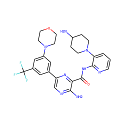 Nc1ncc(-c2cc(N3CCOCC3)cc(C(F)(F)F)c2)nc1C(=O)Nc1ncccc1N1CCC(N)CC1 ZINC001772615142