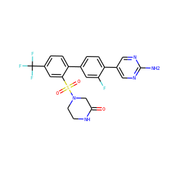 Nc1ncc(-c2ccc(-c3ccc(C(F)(F)F)cc3S(=O)(=O)N3CCNC(=O)C3)cc2F)cn1 ZINC000224769782