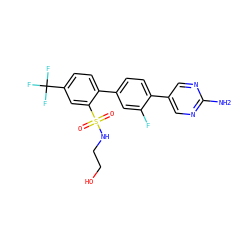 Nc1ncc(-c2ccc(-c3ccc(C(F)(F)F)cc3S(=O)(=O)NCCO)cc2F)cn1 ZINC000224728014